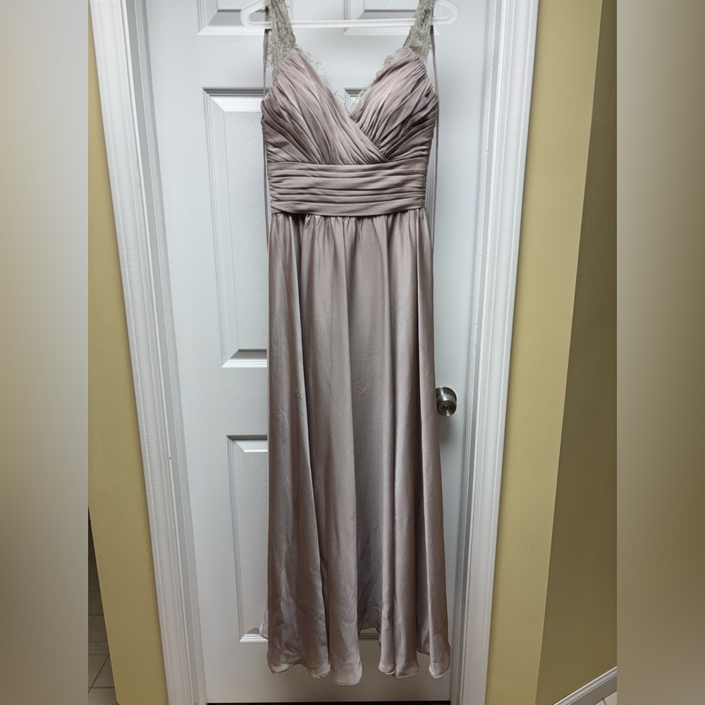 Belsoie Taupe Lace Strap Chiffon Formal Dress | Size 4